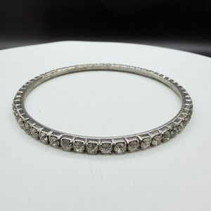 Clear Rhinestone Silver Tone Bangle Bracelet Bridal Glam Statement Gift for Her